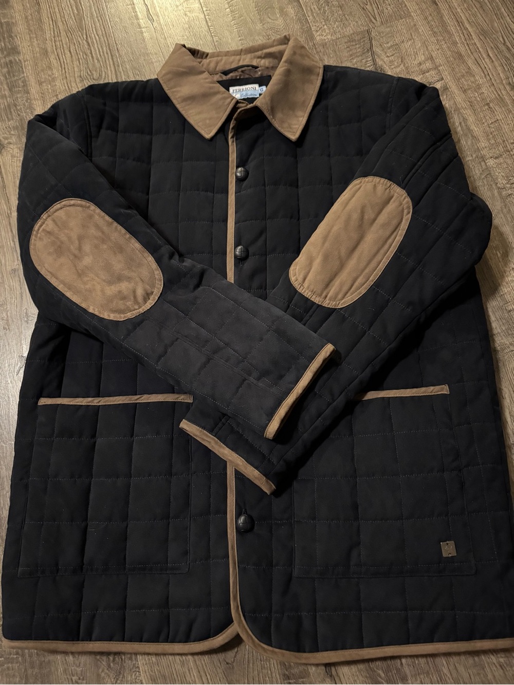 Ferrioni Men's Black/Brown Quilted Jacket Button Front Point Collar Pockets L